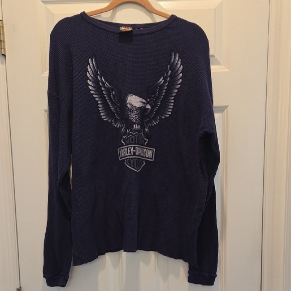 Vintage Y2K Harley-Davidson Top L Eagle Thermal Long Sleeve Tee TShirt Blue